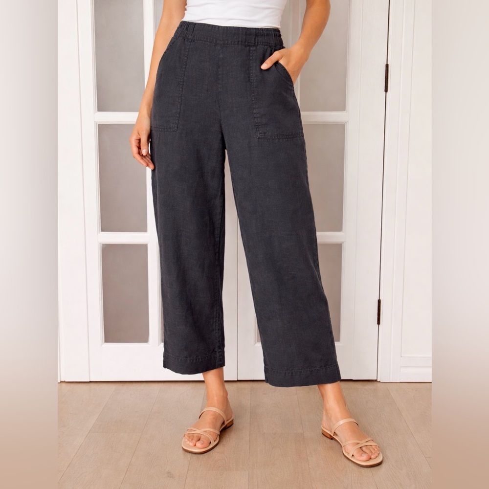 FLAX 100% Linen Cropped Wide Leg Pants Black Pull On Natural Fiber M